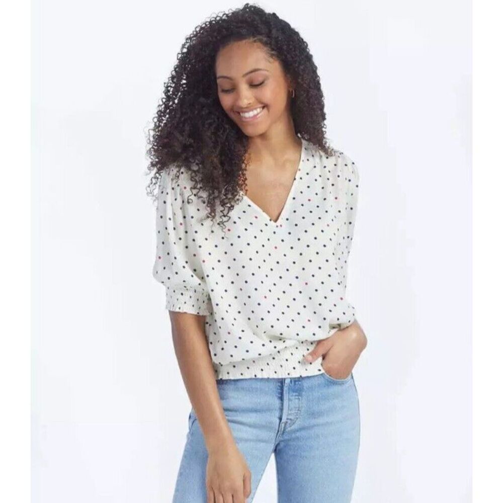 Summersalt Womens Polka Dot Puff Sleeve Top XL V-Neck Smocked Hem Cream NWOT